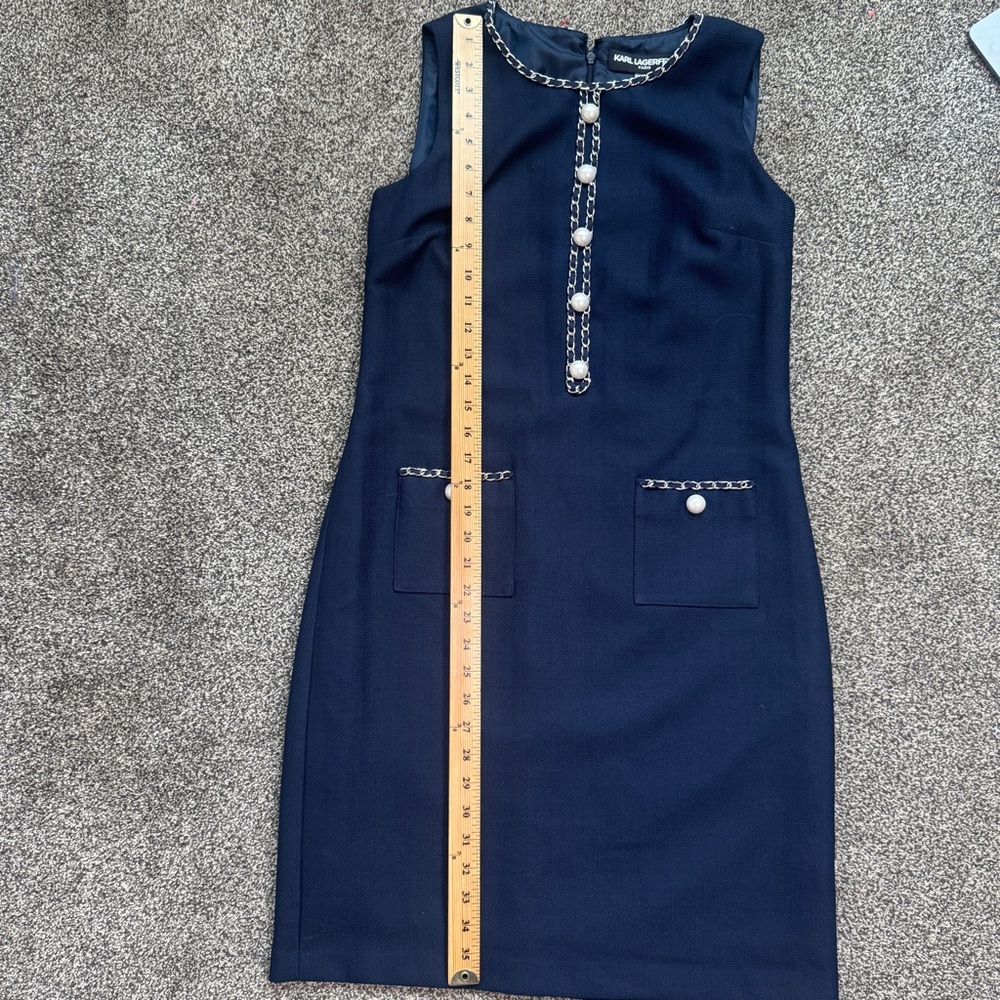 Karl Lagerfeld Paris Women's 6 Tweed Navy Dress with Pearl and Chain Detail - Picture 6 of 7